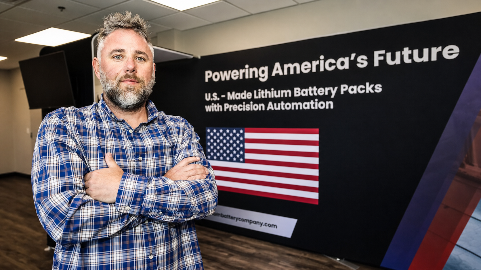 Nathan Staron in front of a U.S.-made lithium battery manufacturing display